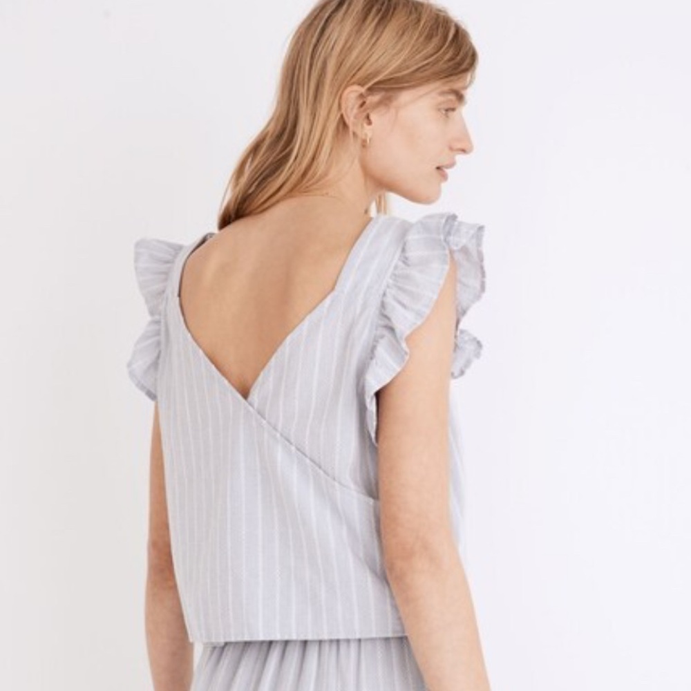 Madewell Flutter Sleeve Blue and White Striped Top Sleeveless XL